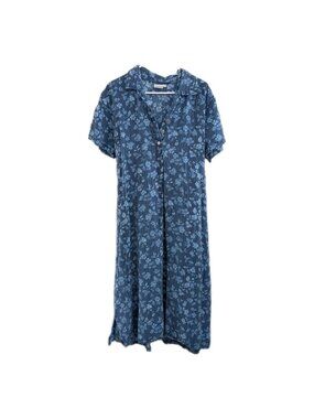 VTG 90s Match Floral Midi Dress Blue Crinkle Rayon Grunge Cottagecore Boho 16